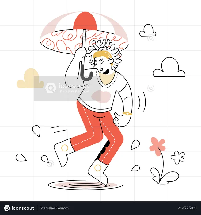 Woman with an umbrella jumps through puddles  Illustration