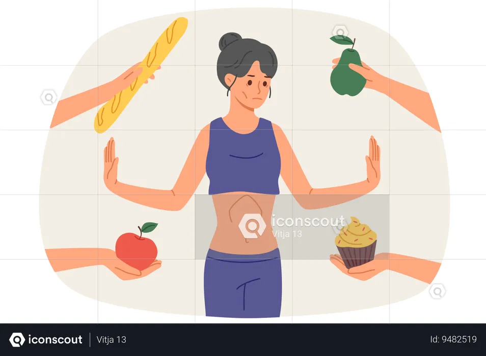 Woman with anorexia and dystrophy refuses to eat standing among hands with fruits and pastries  Illustration
