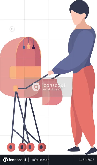 Woman with baby stroller  Illustration