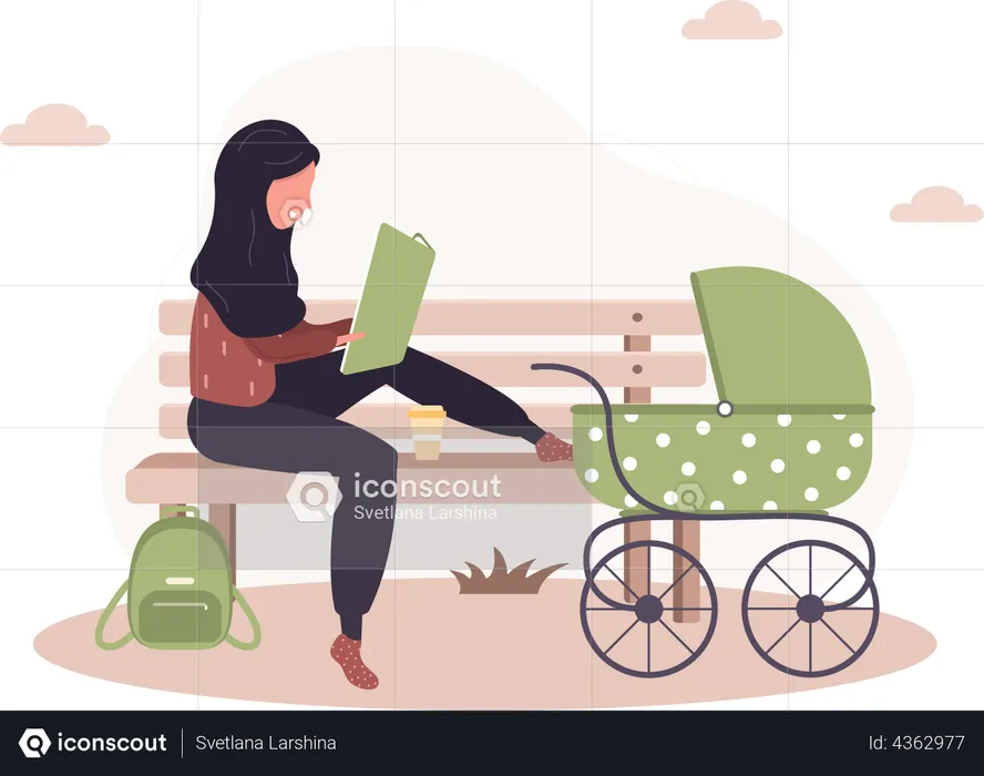 Woman with baby stroller reading book  Illustration