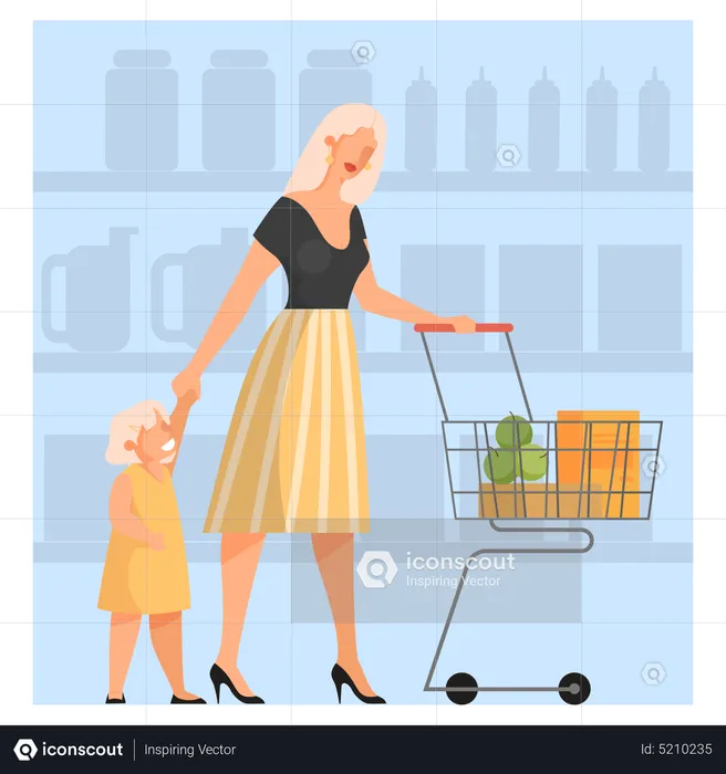 Woman with baby walking with shopping cart in supermarket  Illustration