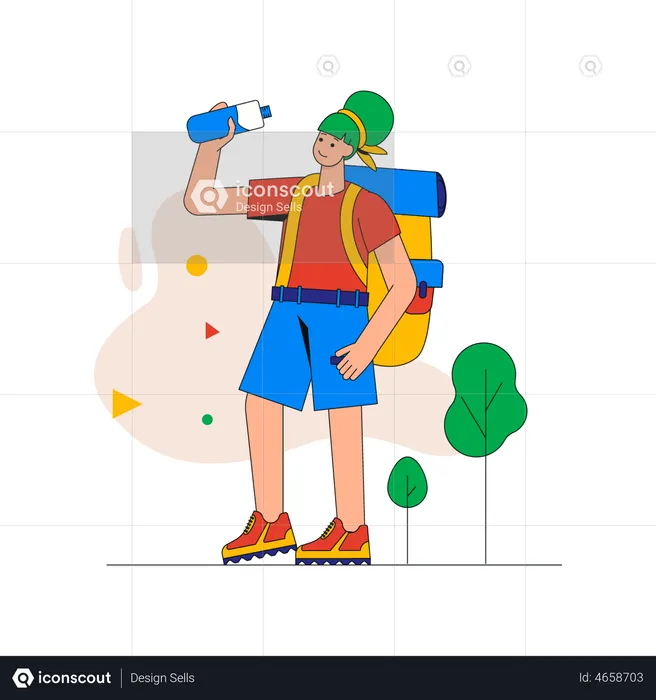 Woman with backpack drink water from bottle and walking at tourist route in mountains  Illustration
