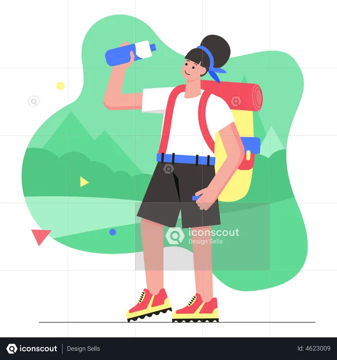 Woman with backpack drink water from bottle and walking at tourist route in mountains  Illustration