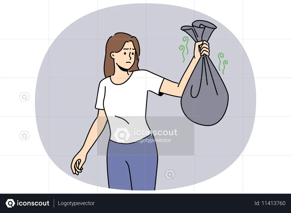 Woman with bag smelly garbage  Illustration