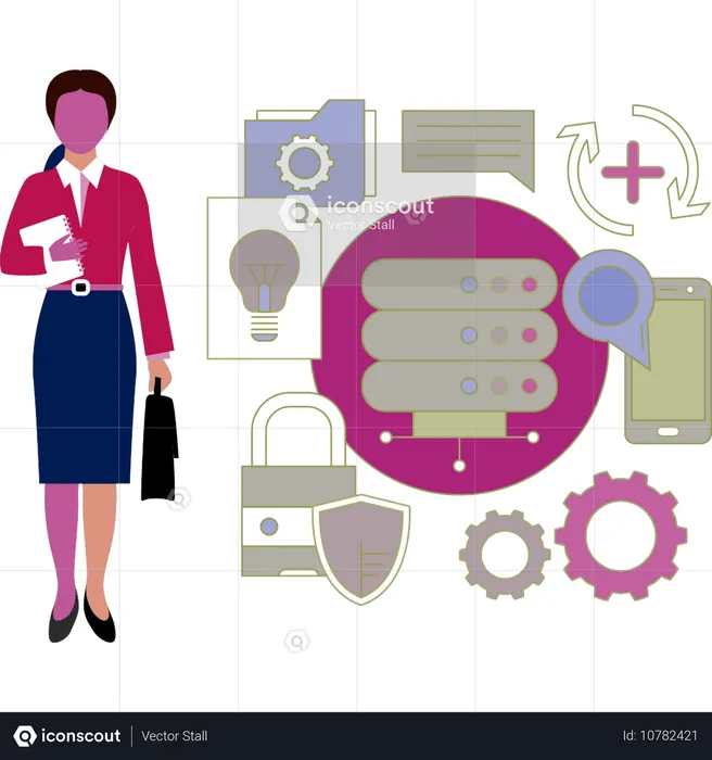 Woman with bag standing near database networking  Illustration