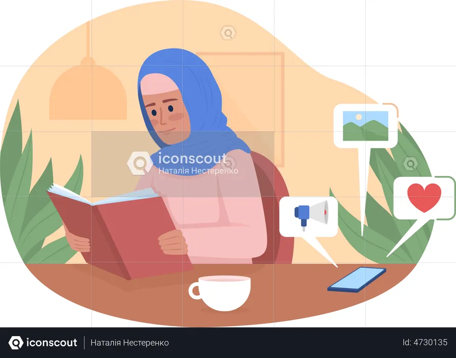 Woman with book ignoring phone notifications  Illustration