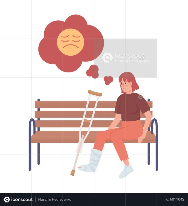 Woman with broken leg on bench  Illustration
