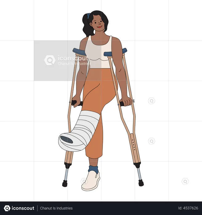 Woman with broken leg walking with help of crutches  Illustration