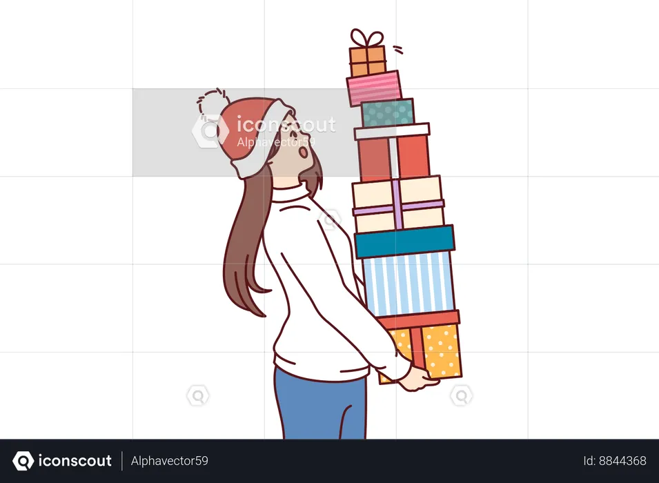 Woman with bunch of christmas gifts  Illustration