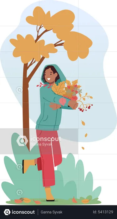 Woman with Bunch of Falling Leaves Enjoying Sunny Autumn Weather  Illustration