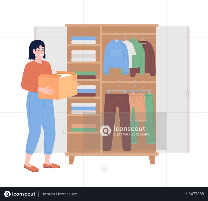 Woman with cardboard box near open wardrobe  Illustration
