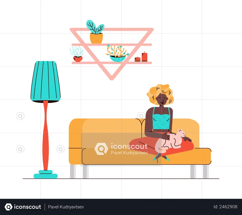 Woman with cat in her lap sitting on couch  Illustration