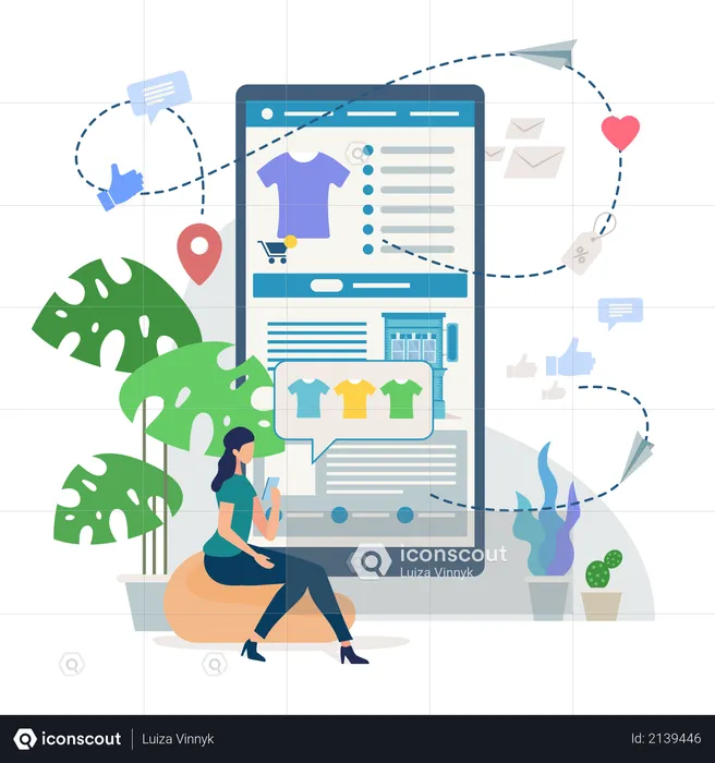 Woman with Cellphone, Buying T-Shirt, Choosing Goods Color, Ordering Home Delivery in Internet Shop  Illustration
