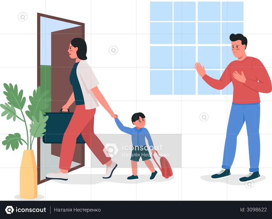 Woman with child leaving house husban  Illustration