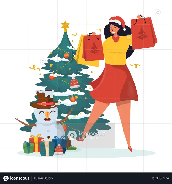 Woman with christmas shopping bags  Illustration