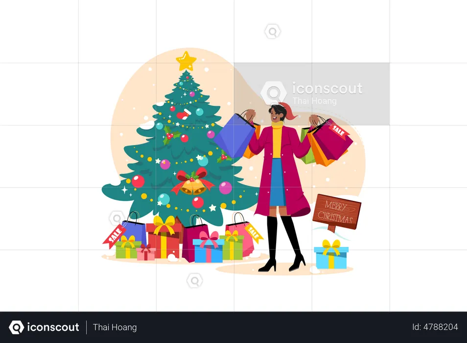 Woman with Christmas shopping bags  Illustration