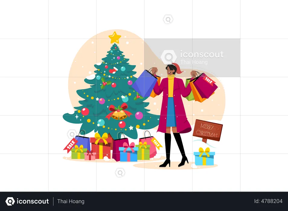 Woman with Christmas shopping bags  Illustration