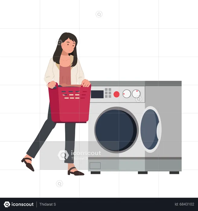 Woman with cloth basket and doing laundry  Illustration