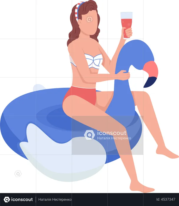 Woman with cocktail on inflatable flaming  Illustration