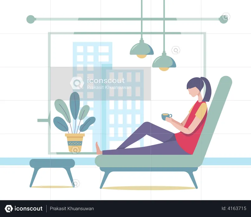 Woman with coffee cup in her living room  Illustration