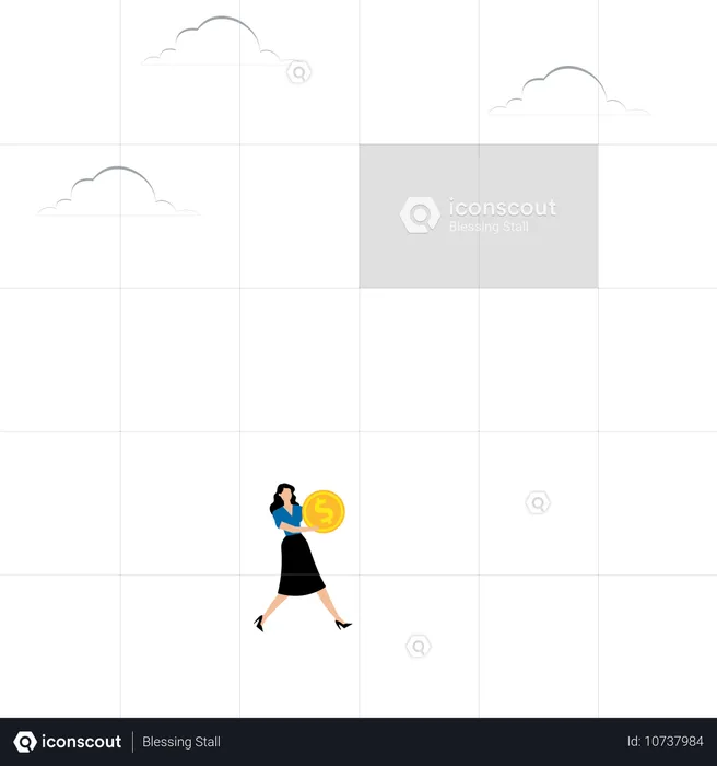 Woman with coin runs in ascending arrow  Illustration