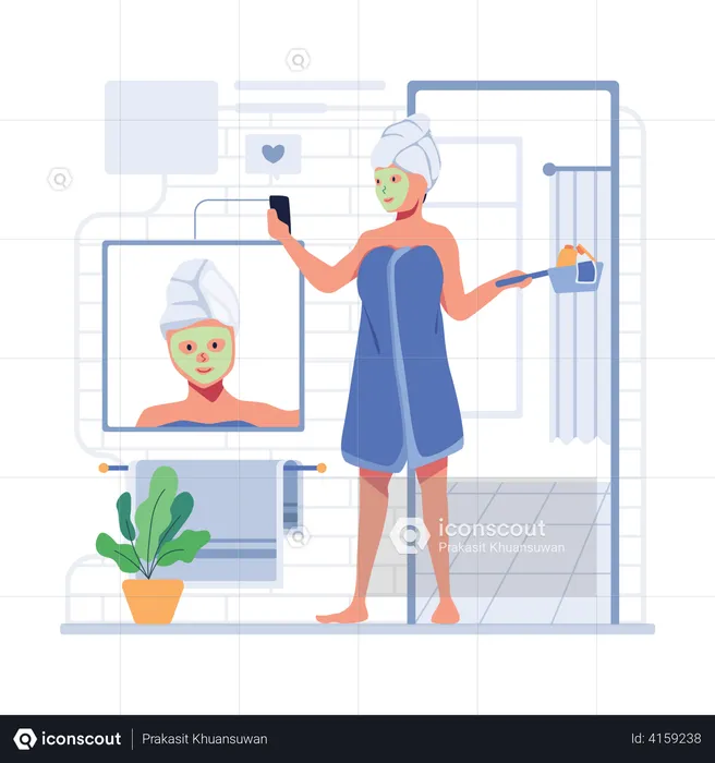 Woman with cosmetic face mask taking selfie using phone  Illustration