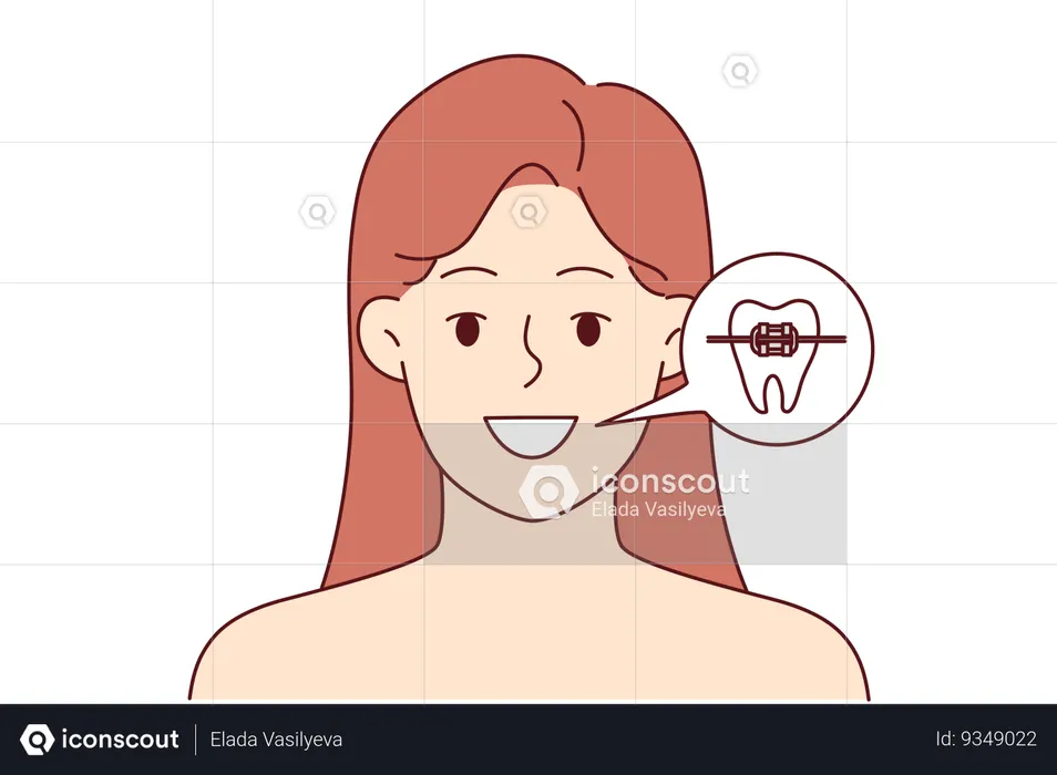 Woman with dental braces shows beautiful smile obtained thanks to trip to dentist or orthodontist  Illustration