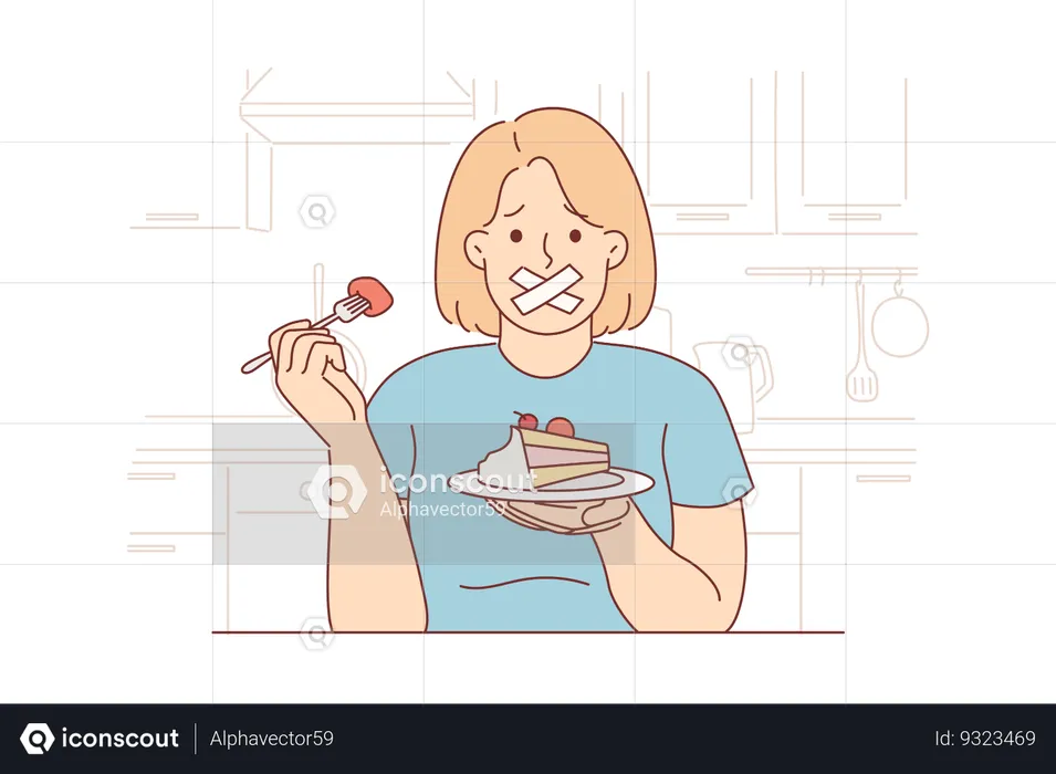 Woman with dessert in hands and suffering because of ban on eating sweet foods  Illustration