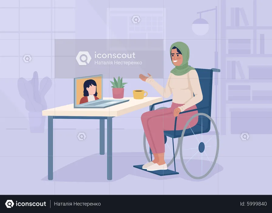 Woman with disability working from home  Illustration