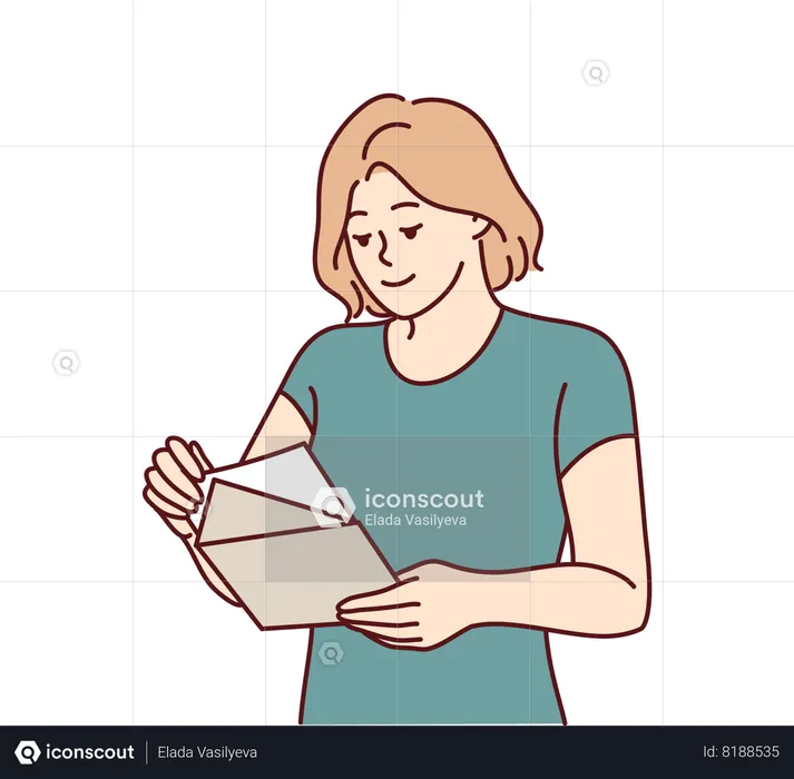 Woman with envelope in hands reads letter received in mail with invitation to entertainment event  Illustration