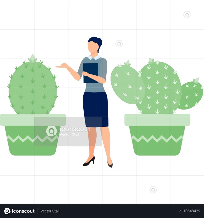 Woman with file talking about laphophora plant  Illustration