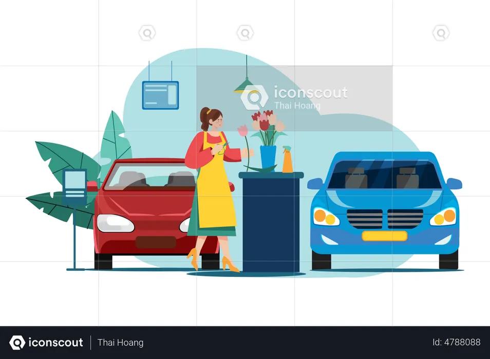 Woman with flowers in a car showroom  Illustration