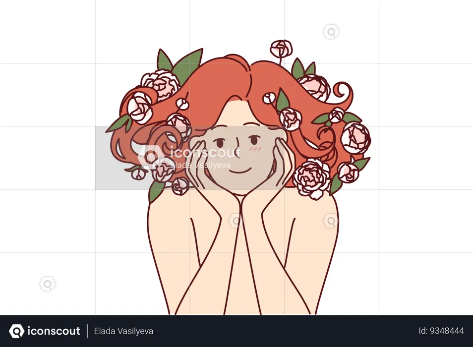 Woman with flowers in beautiful lush hair smiles recommending use shampoo based on natural plants  Illustration