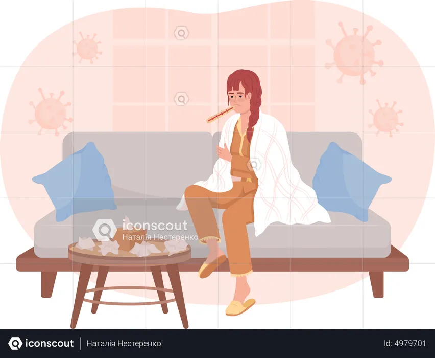 Woman with flu sitting on sofa  Illustration