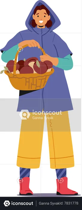 Woman With Freshly Picked Mushrooms  Illustration