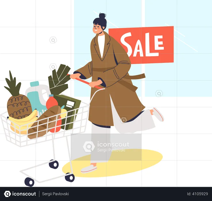Woman with full cart after sales on shopping in grocery store  Illustration