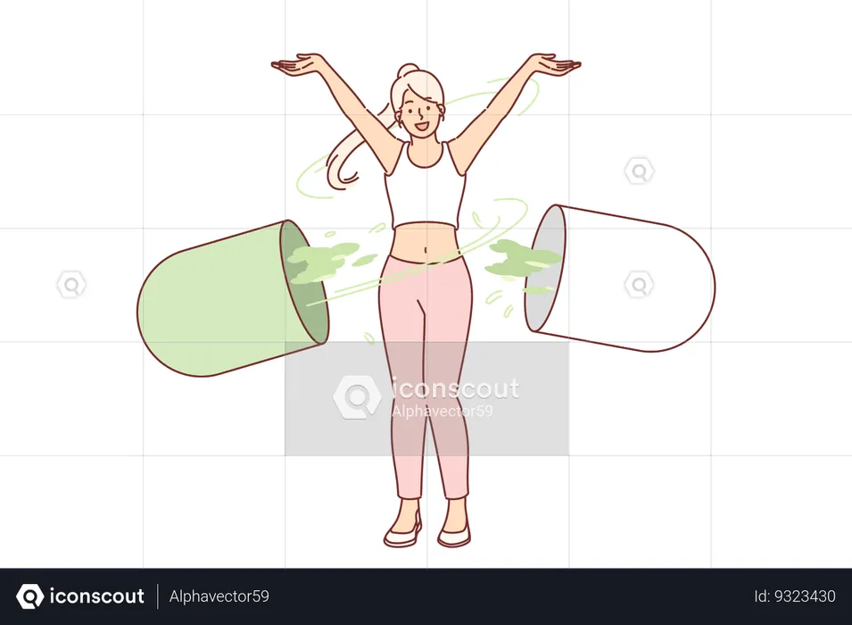Woman with giant capsule of vitamins to detoxify body and strengthen immune system  Illustration