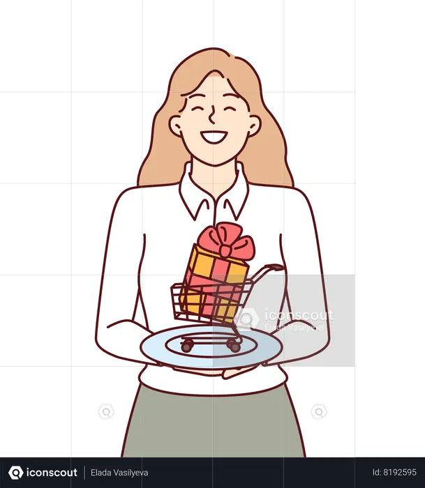 Woman with giftbox in miniature shopping cart symbolizing gift for visiting store  Illustration