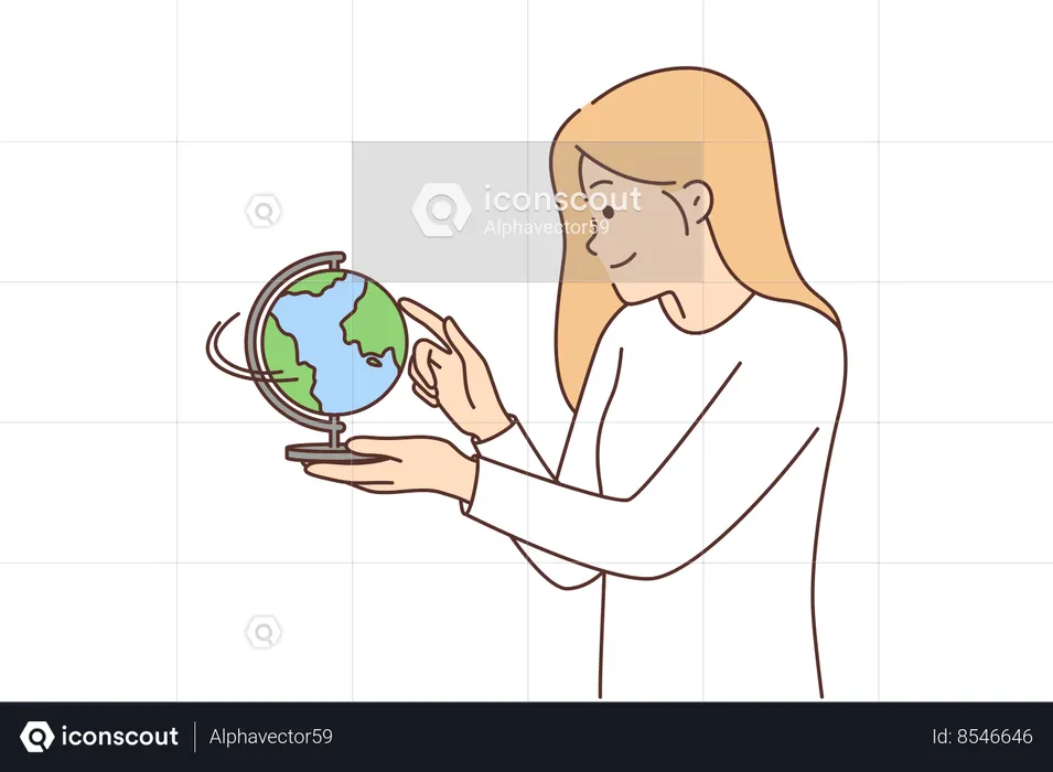 Woman with globe works as geography teacher telling children about countries located on planet earth  Illustration