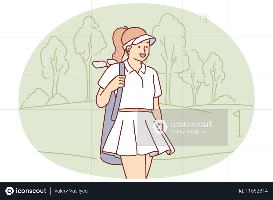 Woman with golf clubs walks around court and looks into distance with smile  Illustration
