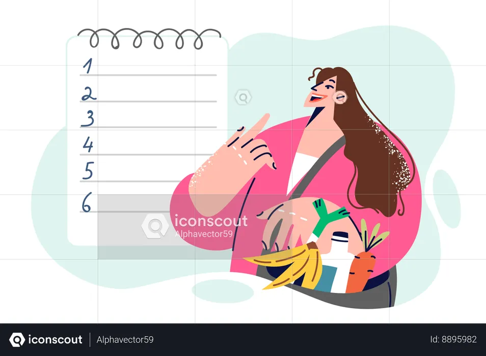 Woman with groceries in bag looks at blank numbered list symbolizing diet food shopping plan  Illustration