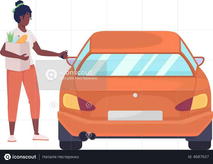 Woman with grocery bag and opening car  Illustration