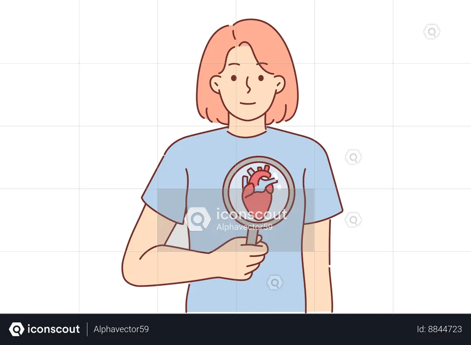 Woman with heart under magnifying glass calls for attention to cardiovascular system  Illustration