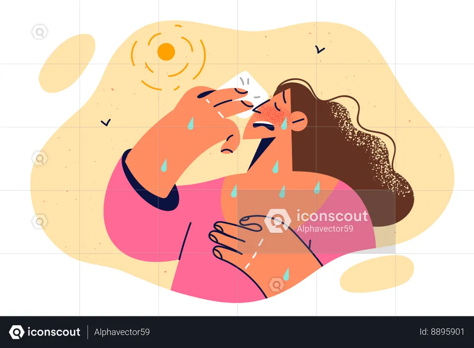 Woman with heatstroke wipes sweat from face  Illustration