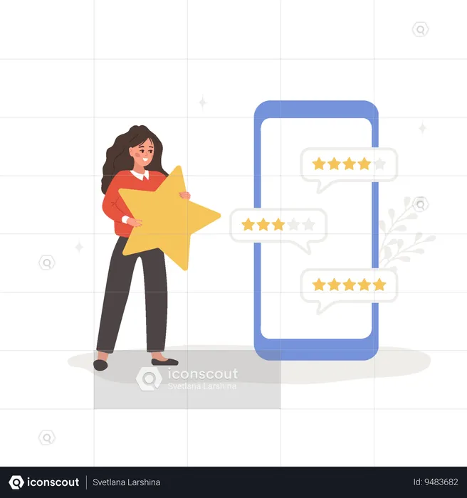 Woman with huge star standing near big smartphone and reading testimonials  Illustration