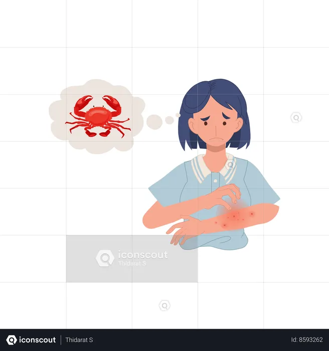 Woman with itchy red rash on arm with seafood allergy  Illustration