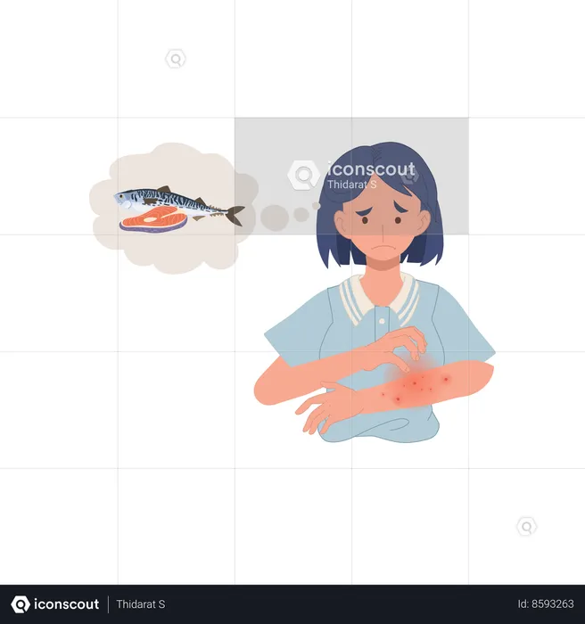 Woman with itchy red rash on arm with seafood allergy  Illustration