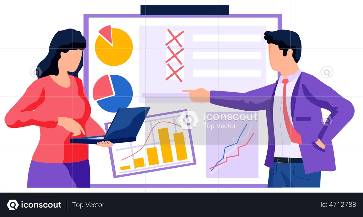 Woman with laptop and businessman work with statistical data  Illustration
