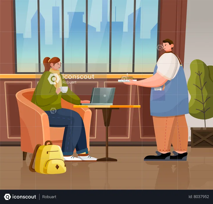 Woman with Laptop in Cafe  Illustration