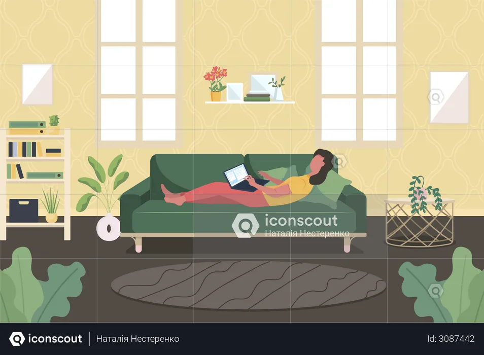 Woman with laptop on couch  Illustration